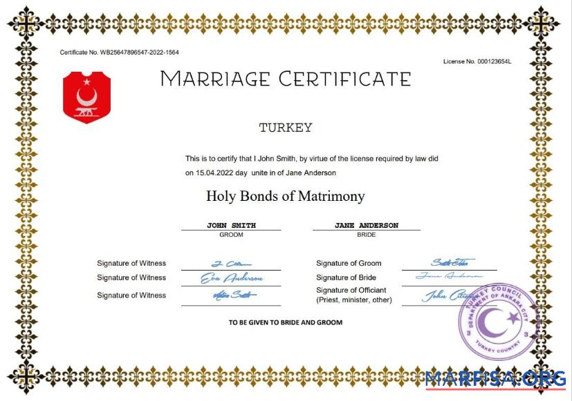 Downloadable Turkey marriage certificate Word and PDF template
